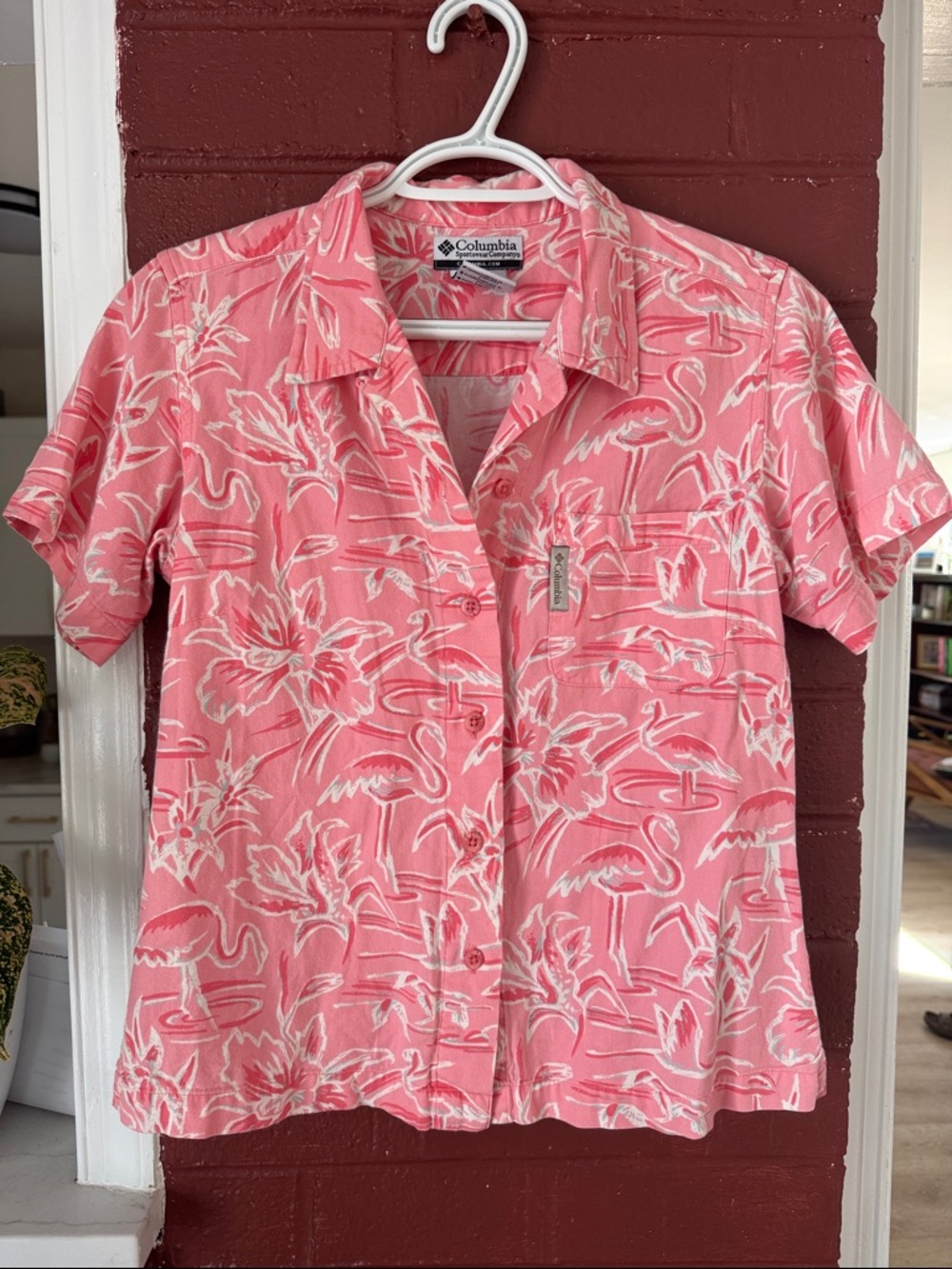 Columbia Coral and White Flamingo Print Button-Up Shirt